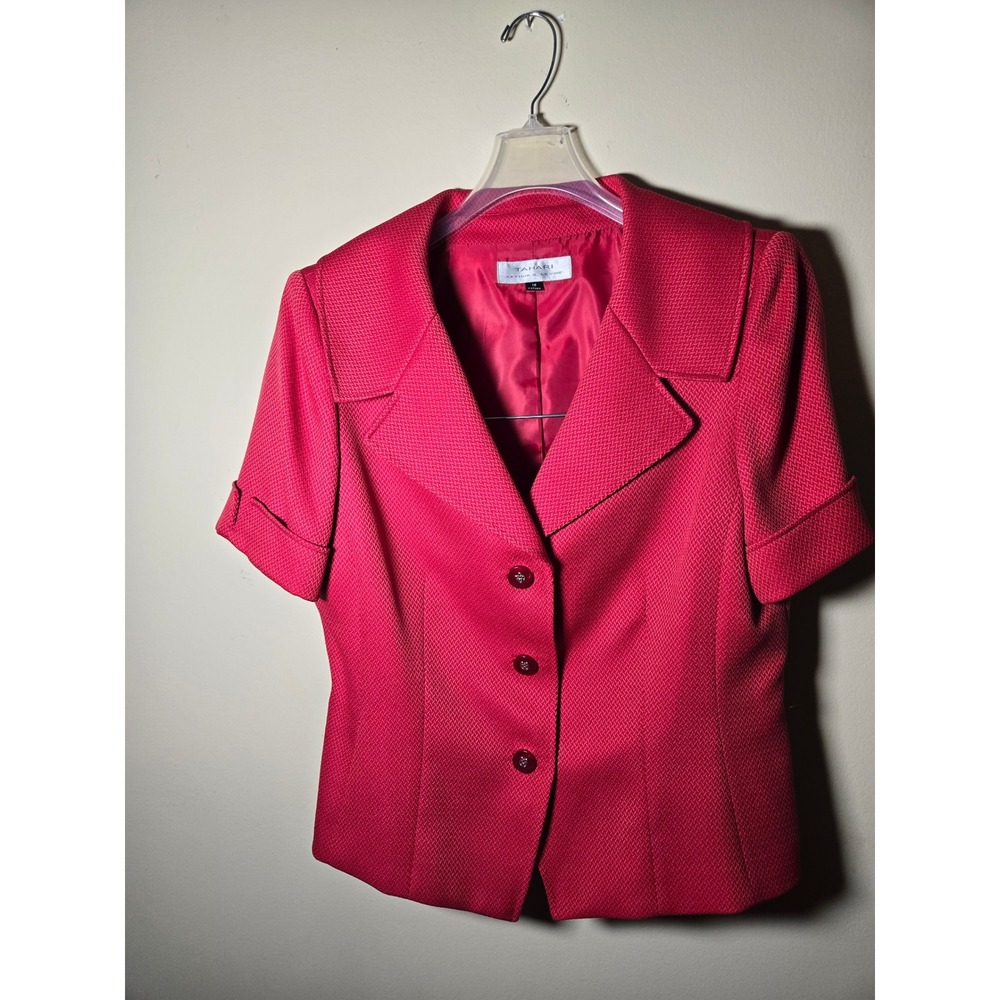 Tahari Skirt Suit Women 12 Red Excellent Short Sleeve Blazer Belted Pencil Skirt - Picture 2 of 13